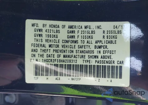 2017 Honda Accord Sport from USA, damaged, VIN 1HGCR2F59HA209312